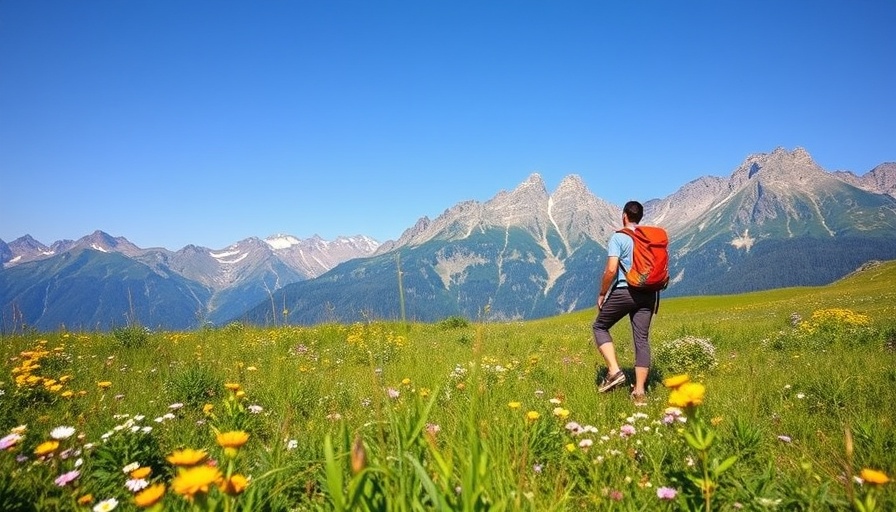 Backpacking tips in a vibrant summer meadow with mountains.