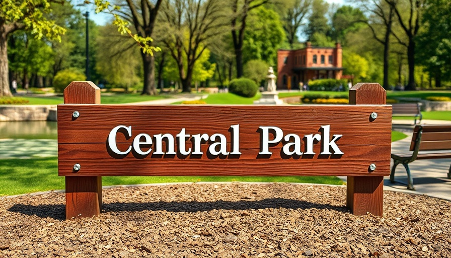 Central Park sign with eco-friendly mulch in a park setting.