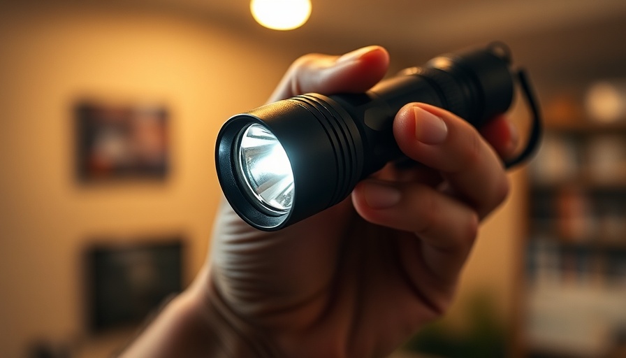 Close-up of a Fenix flashlight held in hand, bright LED light.