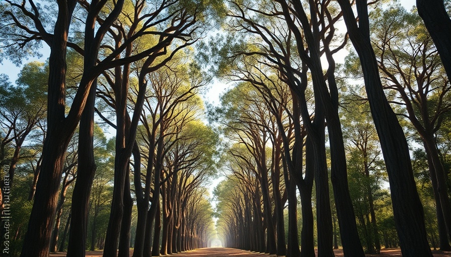 Lush eucalyptus forest landscape promoting sustainable textiles.