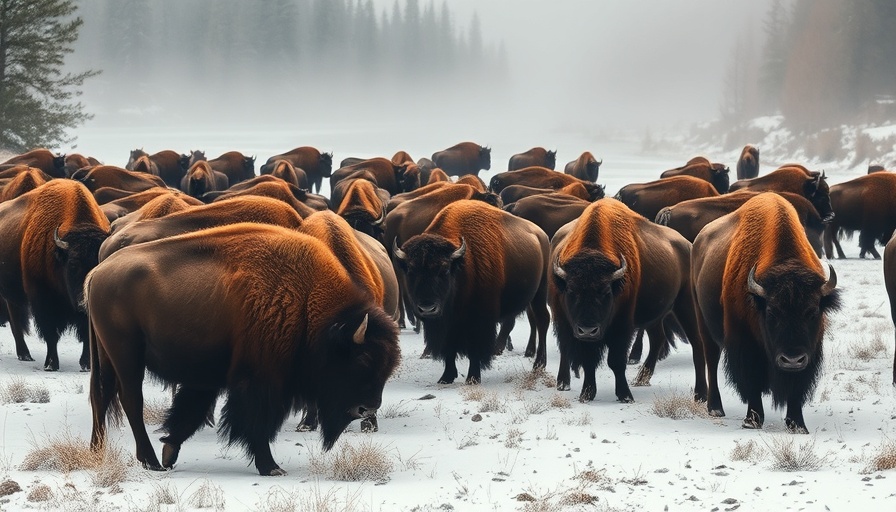 Bison herd foraging in snowy landscape with misty river.