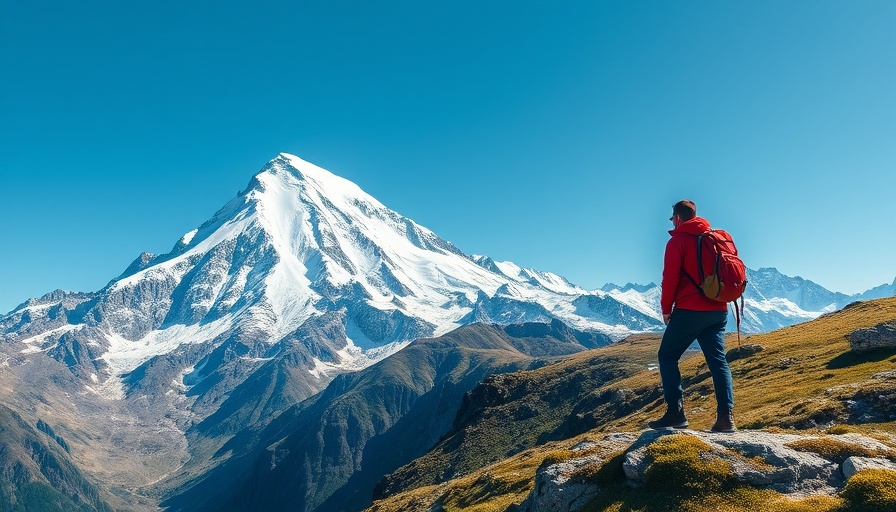 Lone backpacker overlooking snow-capped mountain on a backpacking trip.