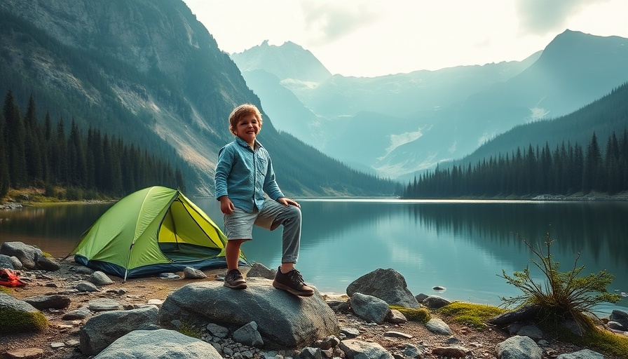 Father and son camping by mountain lake, EXPLORE Act setting.