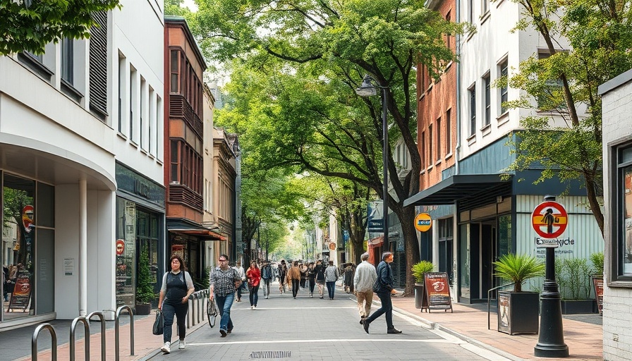 Sustainable living street scene with people walking.