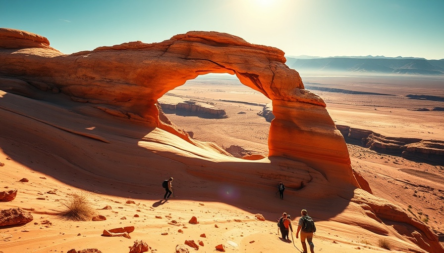 Hikers around a desert arch under clear sky, Central Park tours contrast.