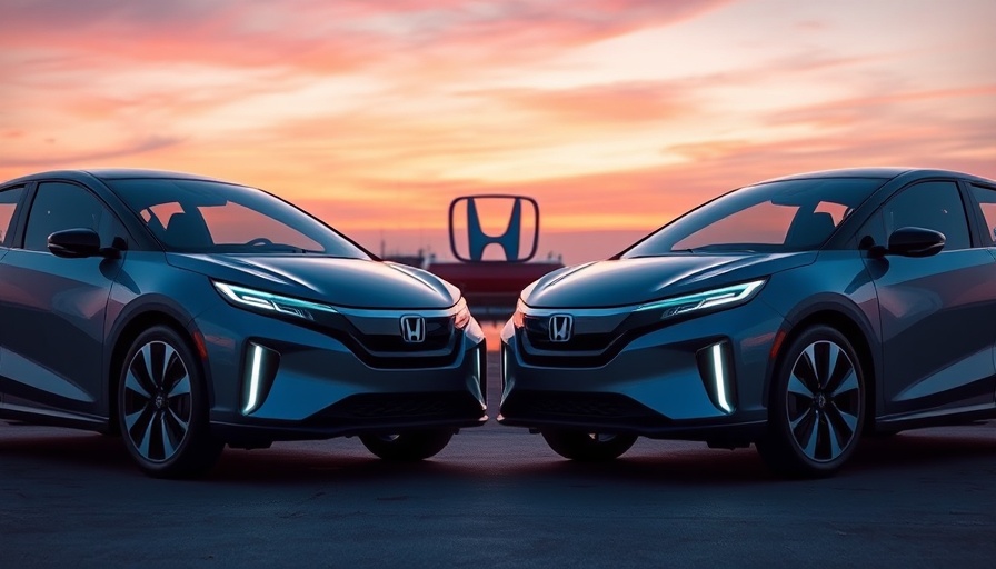 Futuristic Honda EVs at dusk reflecting on water, Honda EVs.