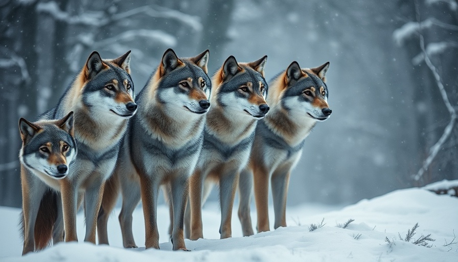 Wolves in snow, wildlife predictions, alert stance.