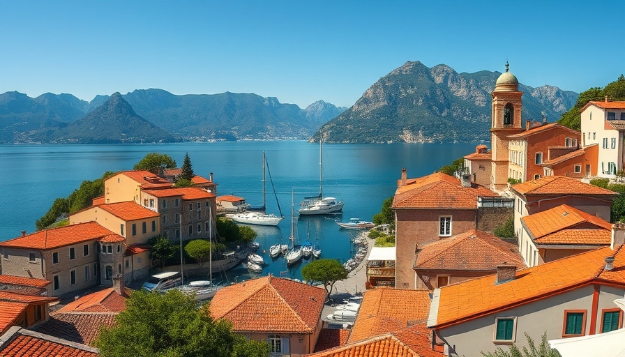 Montenegro tourism: scenic coastal village by tranquil bay.