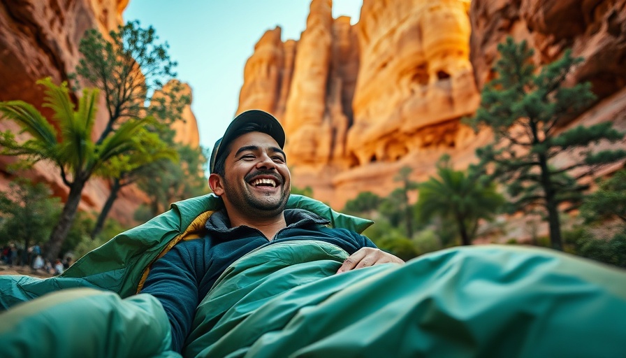 Camper in green sleeping bag amidst canyon landscape, backpacking sleeping bag.