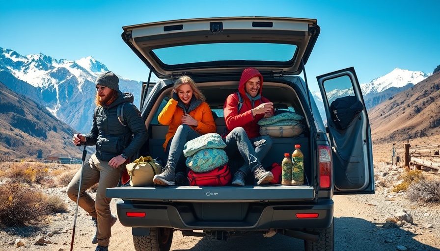 Festival adventurers in mountain landscape with gear prep