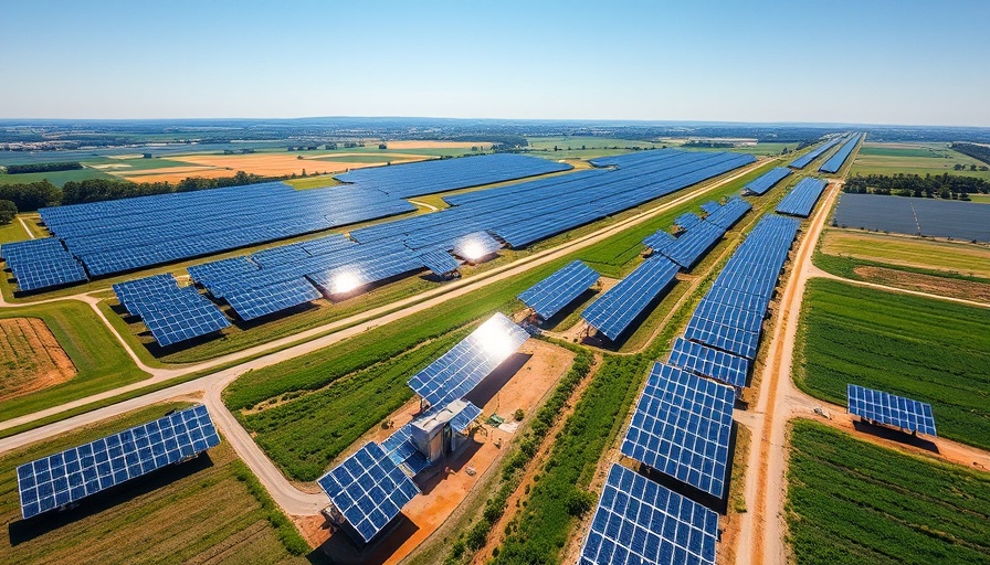 Aerial view of solar farm and crops showcasing sustainability.