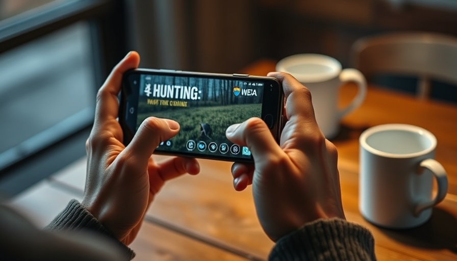 Digital hunting app viewed on smartphone, coffee table setting.