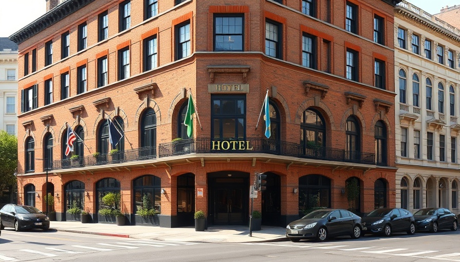 Elegant green hotel building with flags and urban street view.