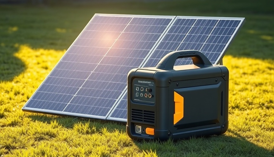 Portable solar generator on grassy lawn in sunlight.