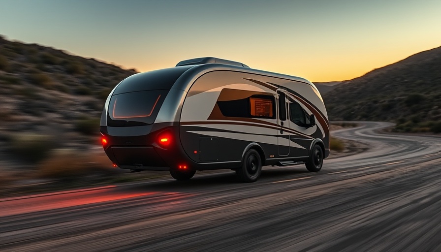 Eco-friendly camper trailer on a scenic dirt road journey.