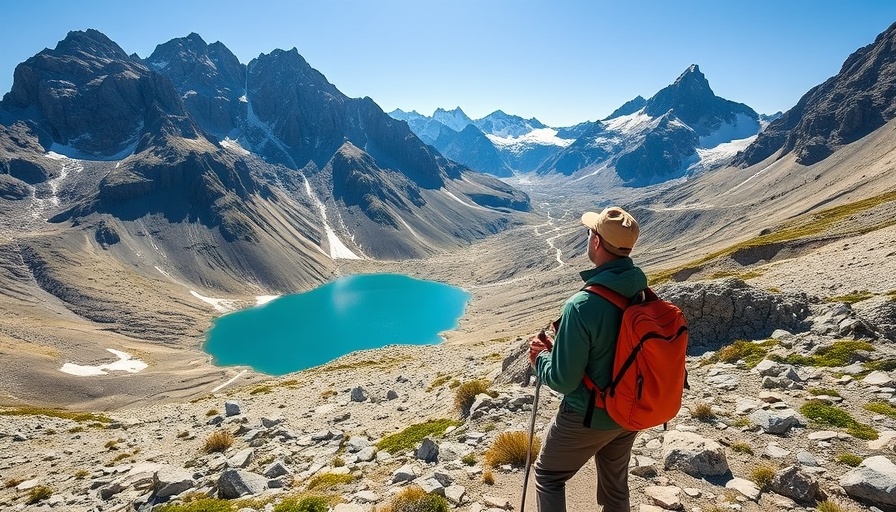 Hiker on the John Muir Trail overlooking alpine lake and mountains.