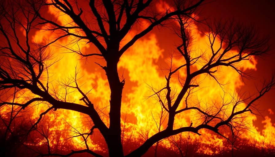 Intense wildfire engulfing tree branches, dramatic firelight.