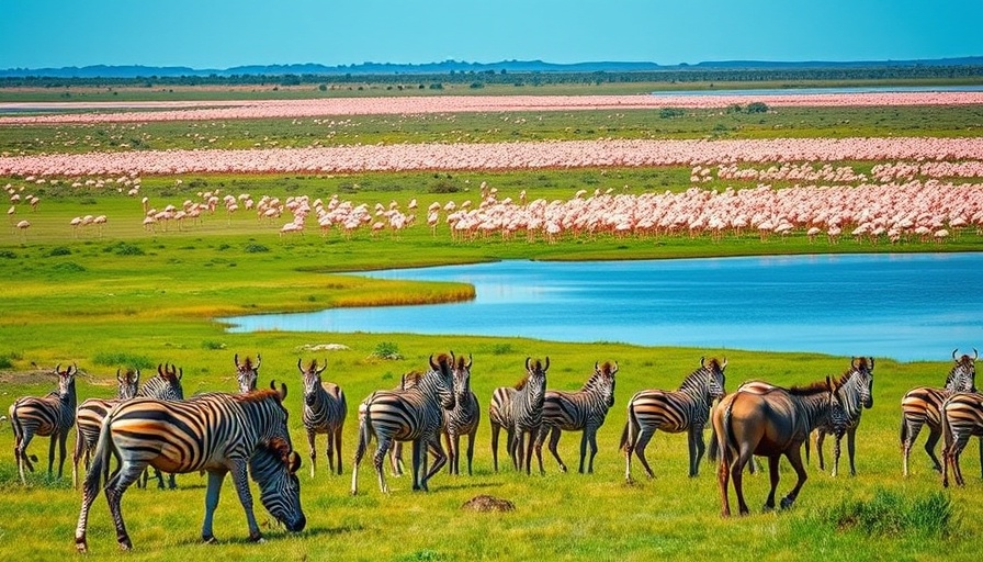 Africa Travel Guide: Zebra, wildebeests, and flamingos in lush landscape.