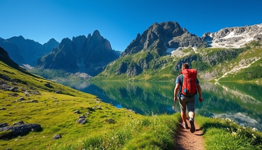 Hiker in Sierra Nevada trekking by mountain lake under blue sky.