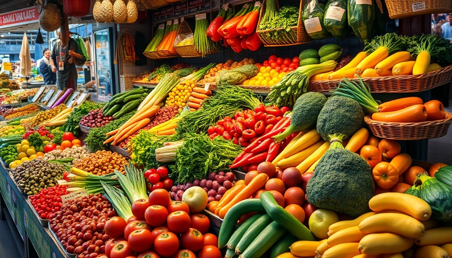 Fresh produce at market stall promoting food sustainability.