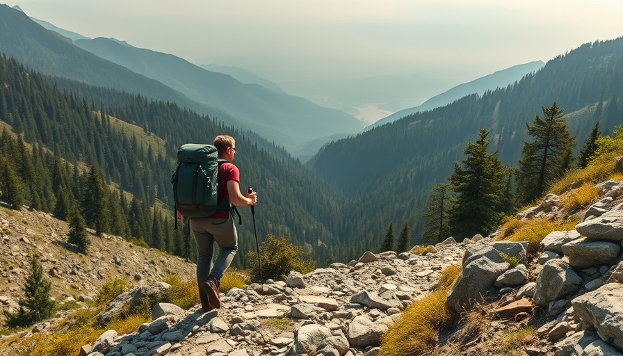 Backpacker enjoying mountain trail with stunning vista, highlighting backpack selection.