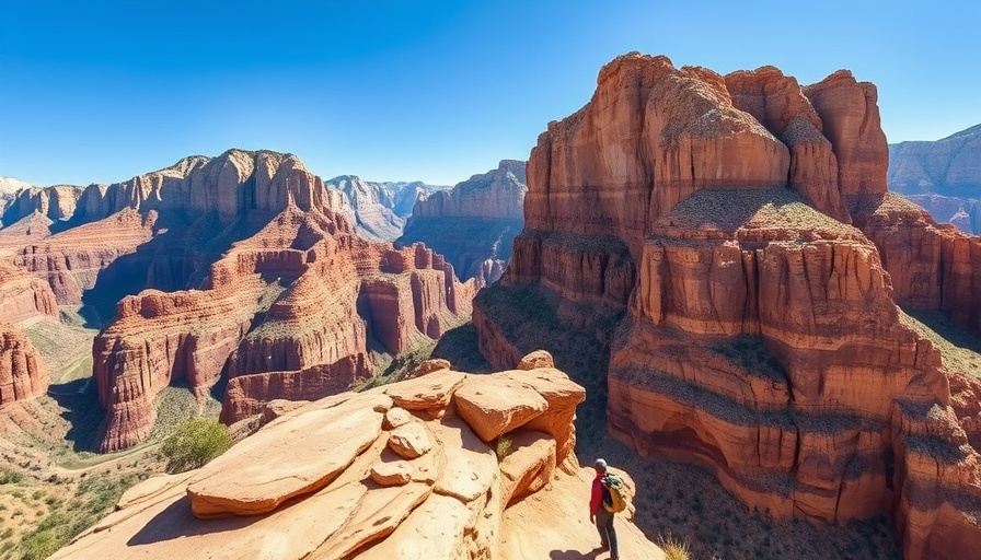 Hiker on cliff with Zion National Park backdrop, clear blue sky.