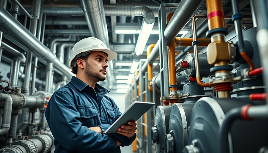 Engineer inspecting sustainability technology in mechanical room