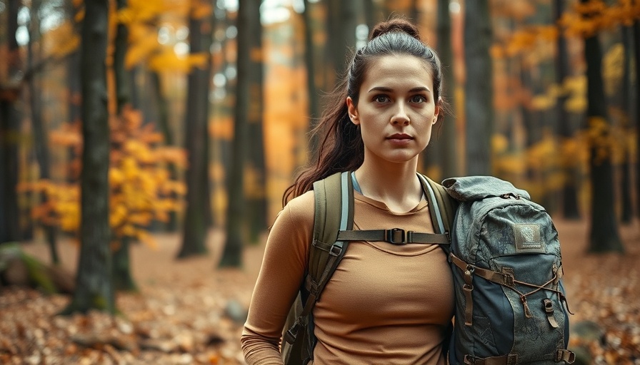 Woman hiking with Mystery Ranch Sawtooth 45 backpack in autumn forest