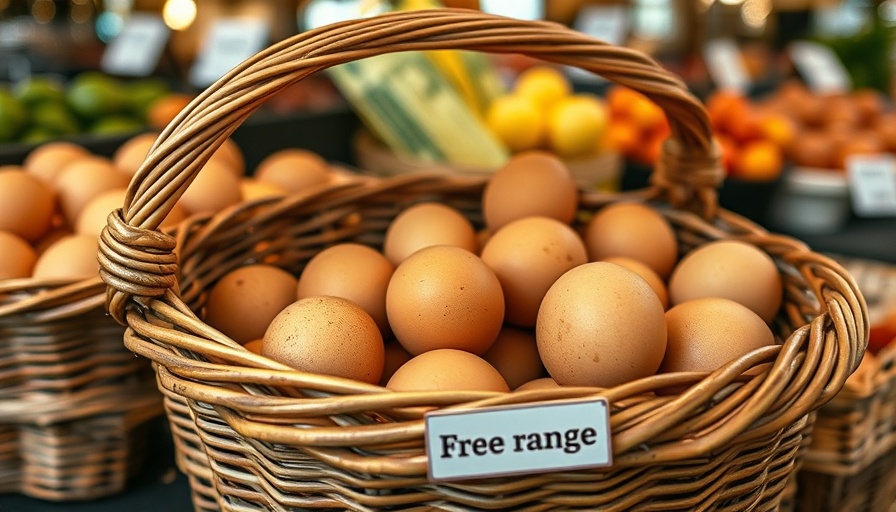 Ethical eggs in wicker basket at market.