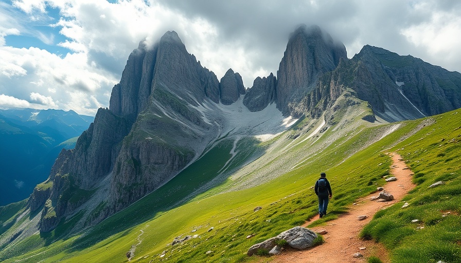 Scenic hiking in majestic alpine landscape with towering cliffs.