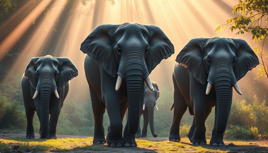 Elephants in lush forest with sunlight; eco-friendly travel support.