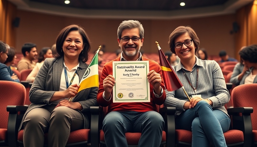 Celebrating a Sustainability Award in auditorium with flags and certificate.