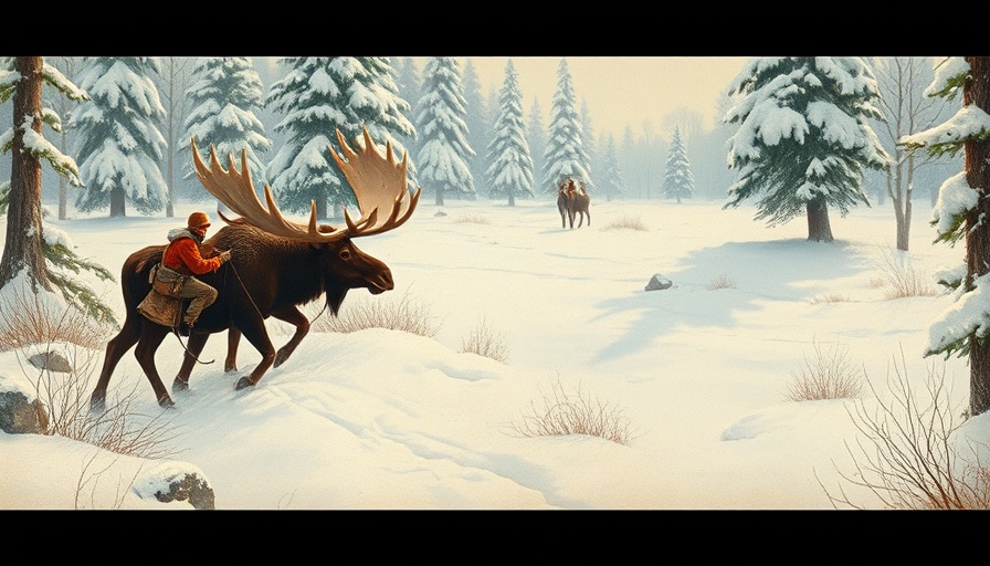 Illustration depicts late-season moose hunting in snowy forest.