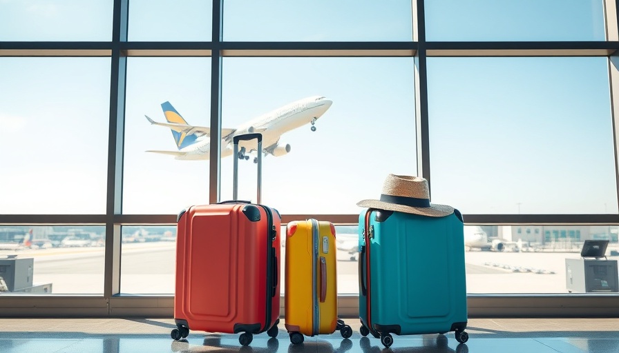 Colorful suitcases at airport with plane taking off, illustrating travel.