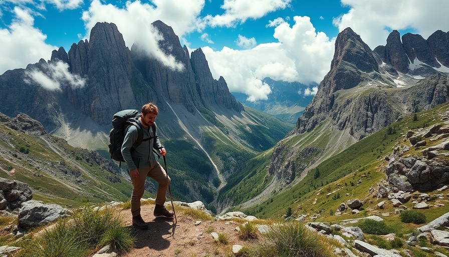 Hiker in the Yosemite wilderness with rugged mountain terrain.