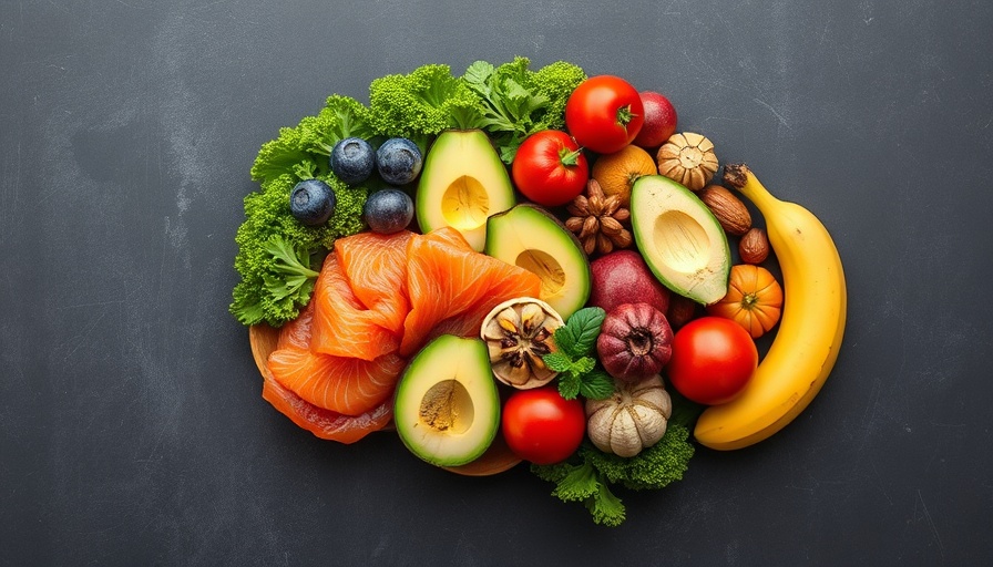 Creative brain-boosting foods arrangement on dark background.