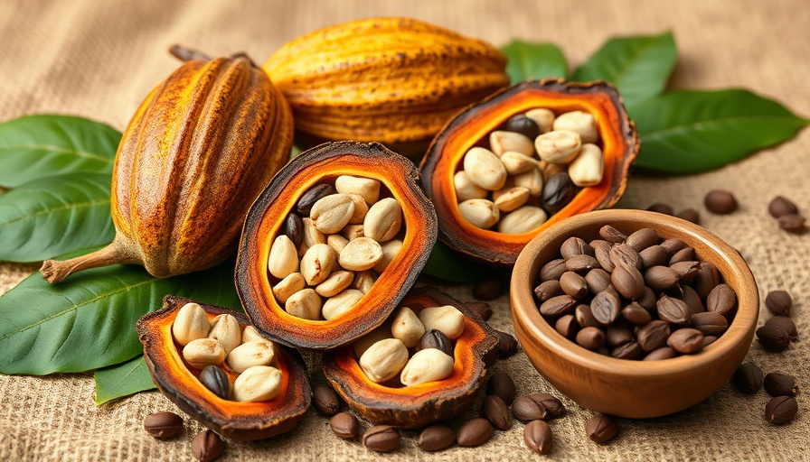 Sustainability chocolate: cocoa pods and beans with leaves.