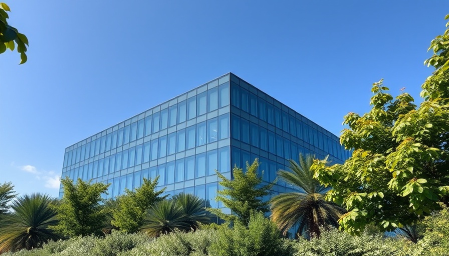 Modern sustainable company building with glass facade and foliage