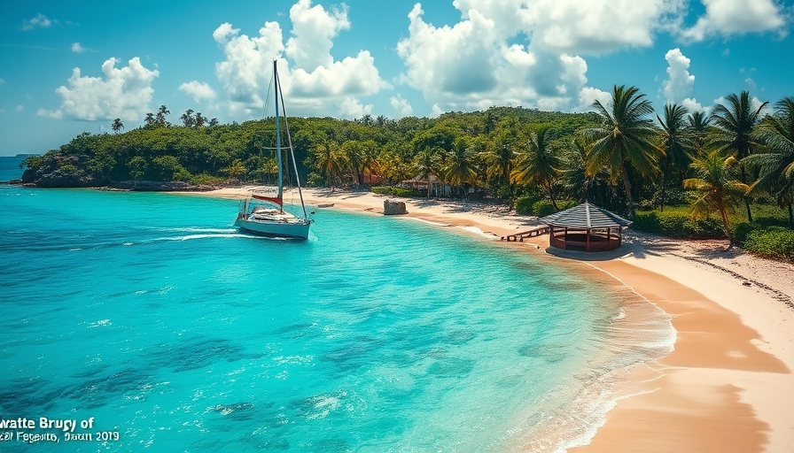 Jamaican beachfront showcasing tourism growth with palm trees and sailboat.