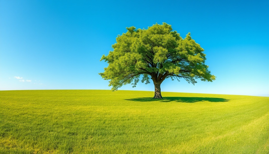 Lush tree with Earth911 Inspiration text, open field under blue sky.