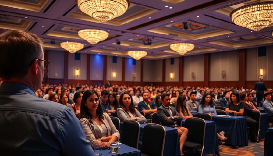 Sustainable tourism summit with attendees at a conference.