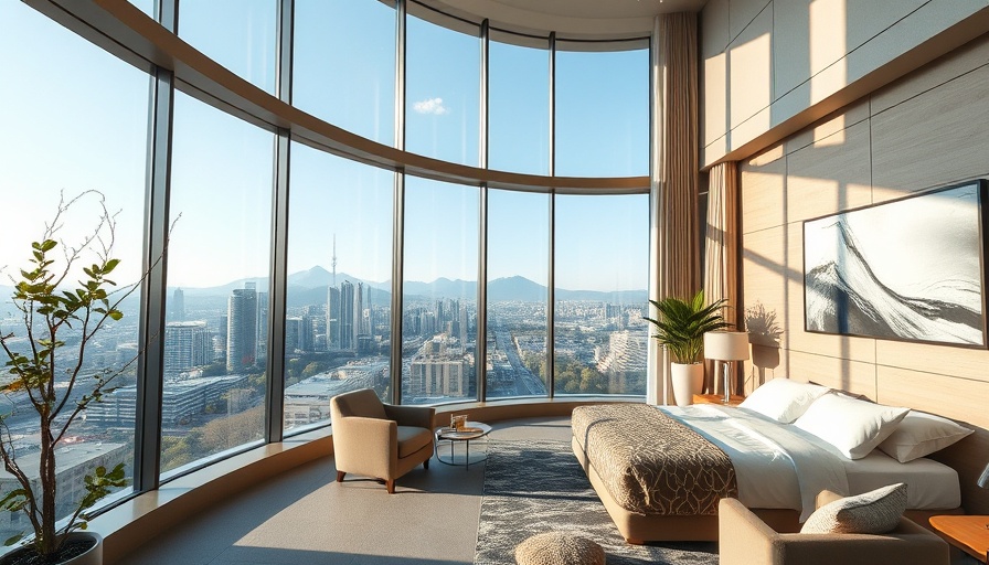 Modern sustainable hotel room with panoramic view.