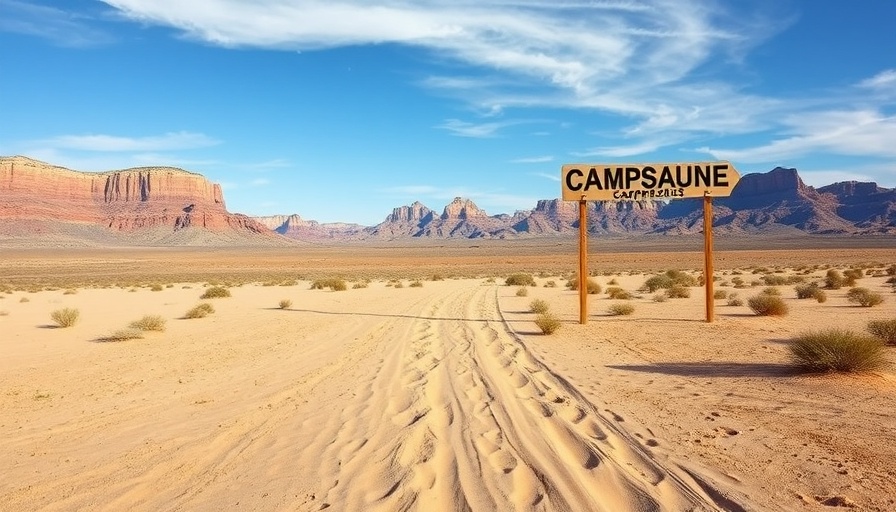 Desert landscape with campsite sign promoting wildlife conservation.