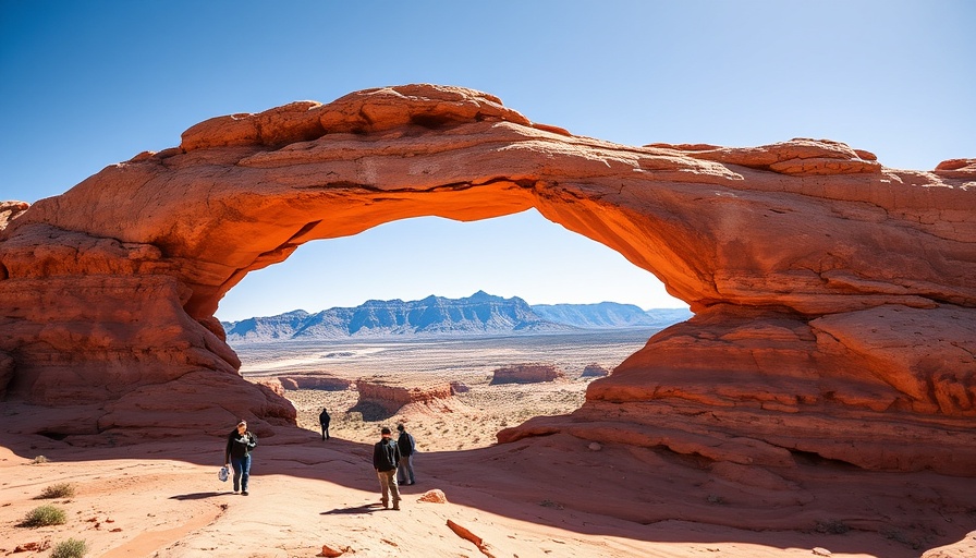 Bright desert landscape with sandstone arch and explorers.