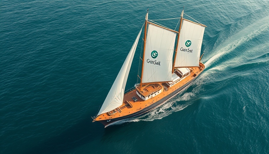 Aerial view of sail-powered cargo ship 'Grain Sail' gliding on sea.