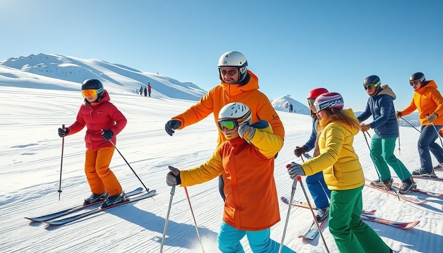 Instructor teaching skiing on snowy slope with vibrant jackets.