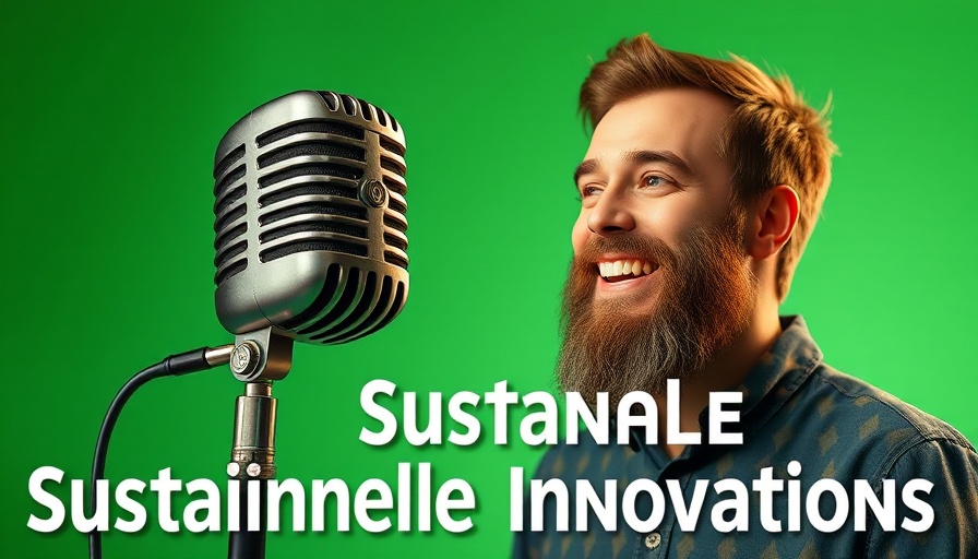 Sustainable fashion innovator interview graphic with microphone.