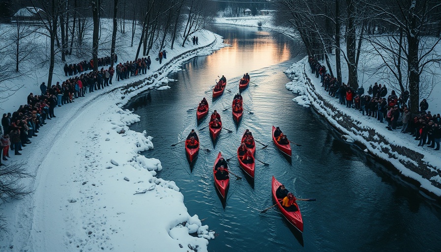 Winter river parade with canoes in Bend, showcasing sustainability.