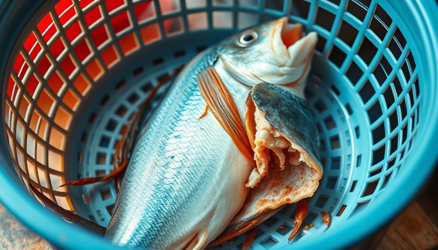 SHARKED Act: Partially eaten fish in blue basket under sunlight.