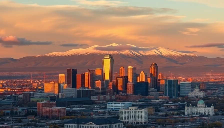 Denver skyline at sunset with mountain backdrop, ideal for outdoor activities.